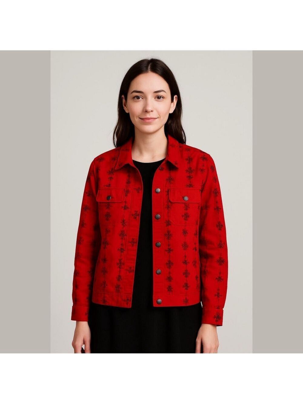 Vintage Red Jean Jacket with Embroidery cottagecore teacher granny